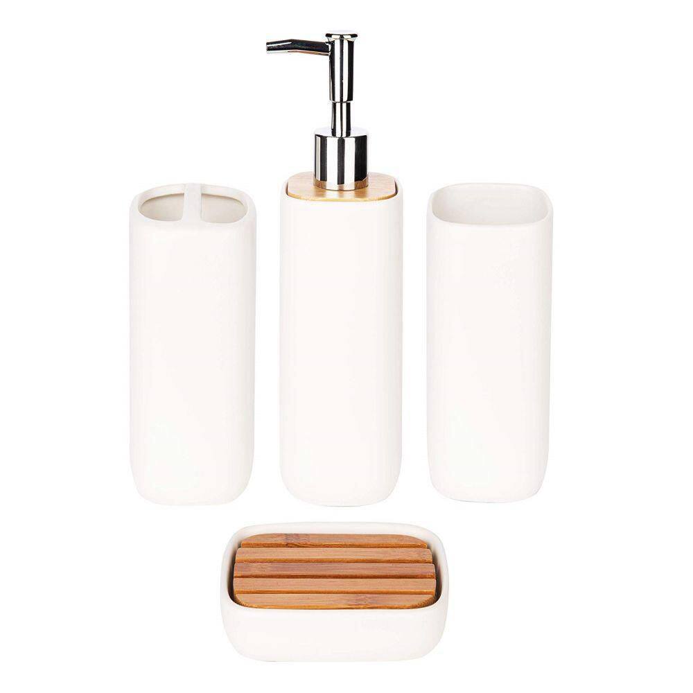 Dracelo 4-Piece Bathroom Accessory Set with Soap Dispenser Toothbrush Holder Tumbler Soap Dish in. White B0883FRSSR