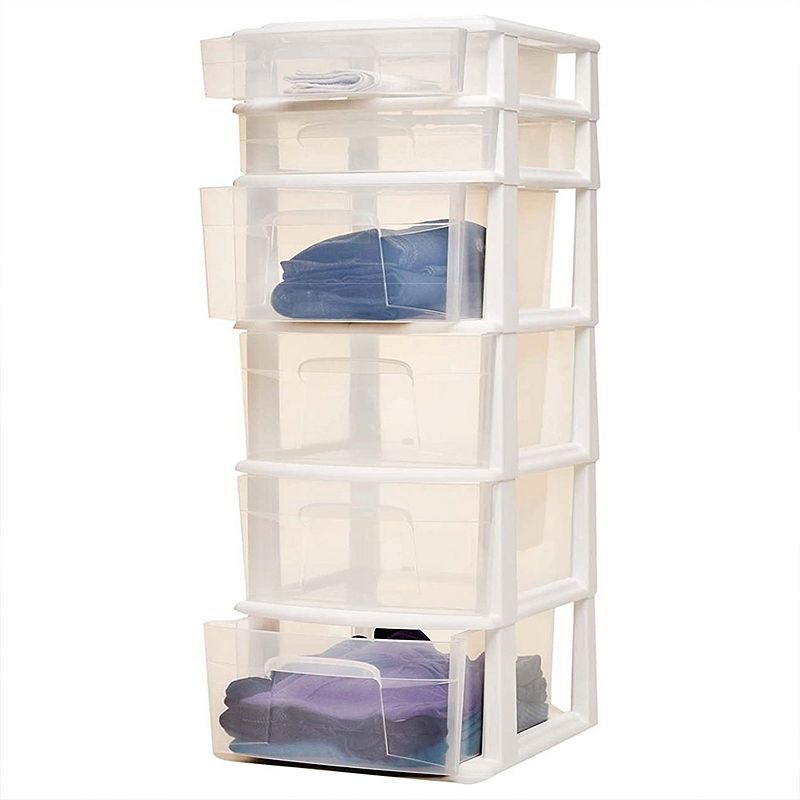 Homz Plastic 6 Clear Drawer Medium Home Storage Container Tower， White Frame