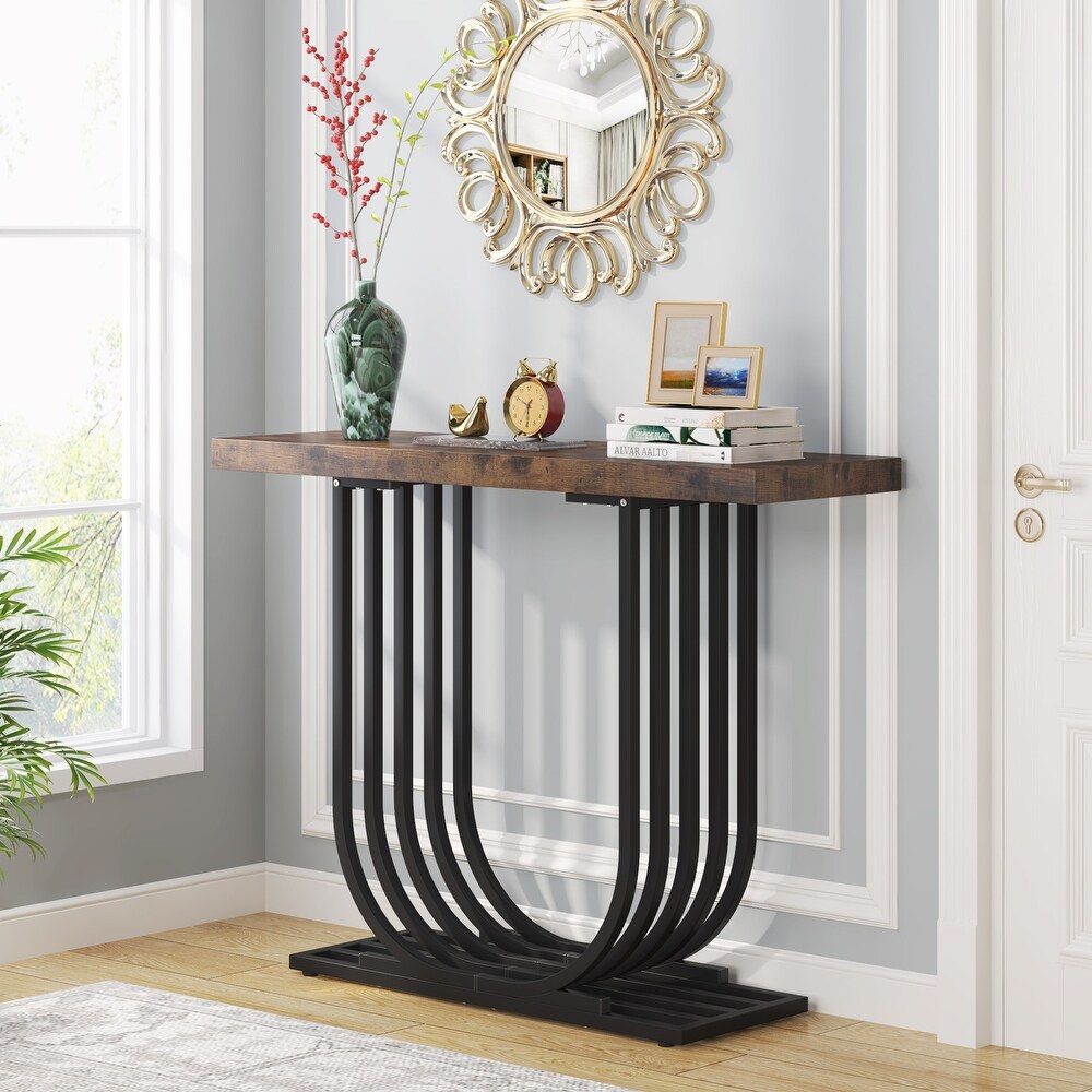 40 Inch Modern Faux Marble Entryway Table  Foyer Table  Narrow Sofa Accent Table with Geometric Metal Legs