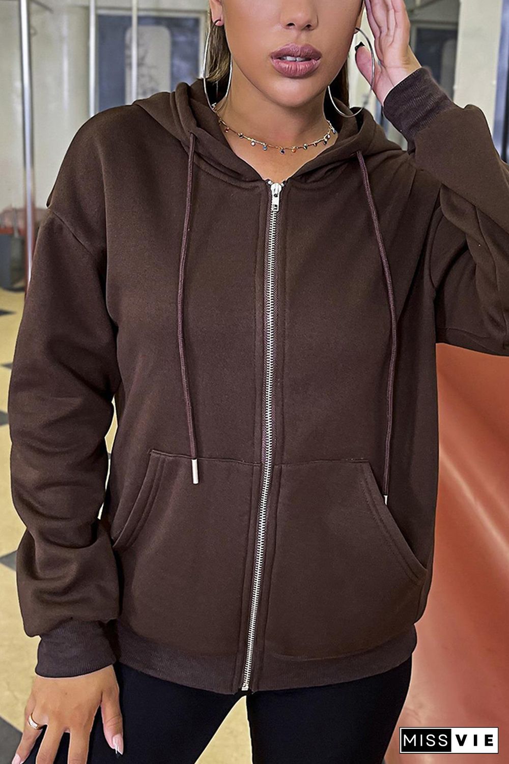 Plain Drawstring Hoodie Zipper Sweatshirt Coat