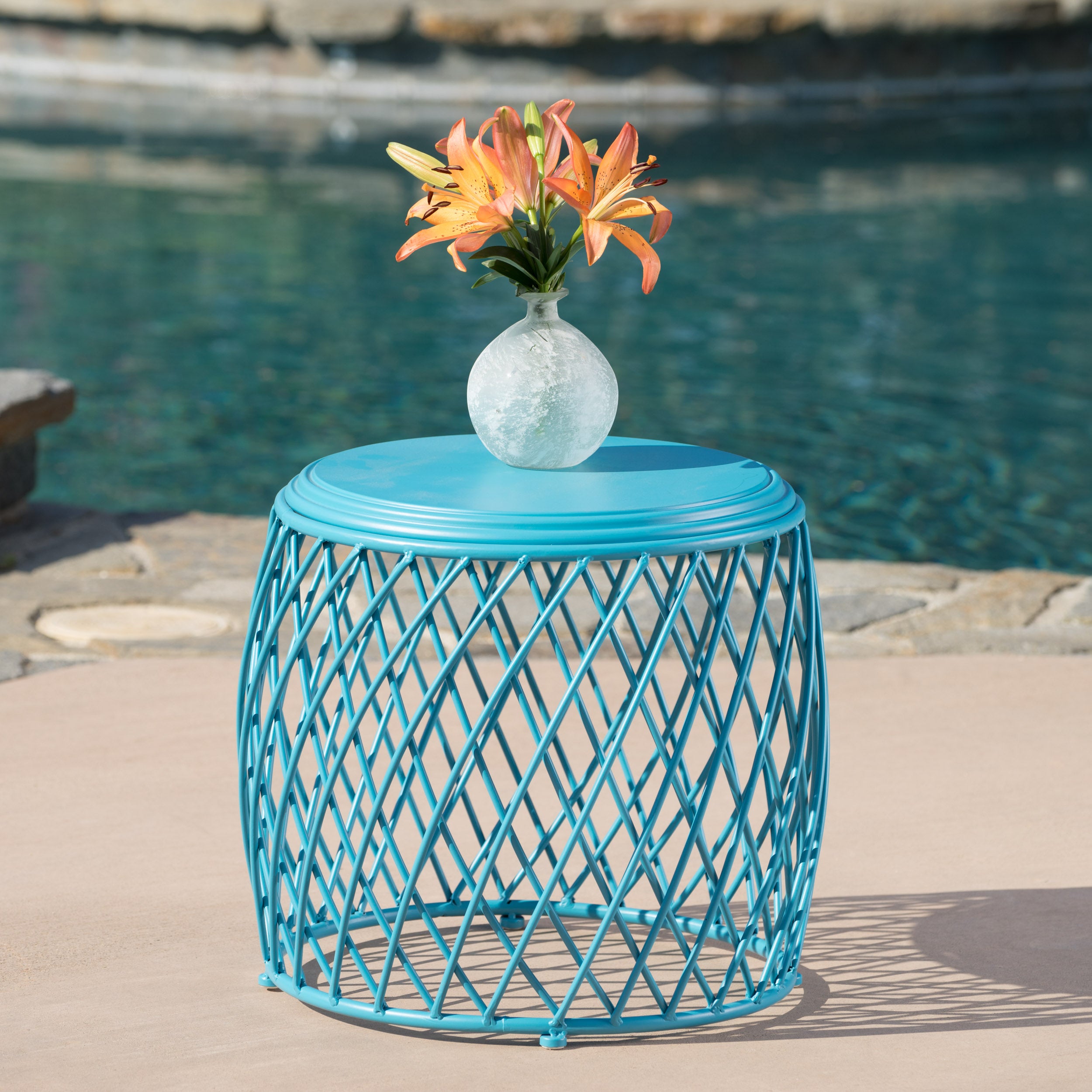 Jadien Outdoor 19 Inch Diameter Lattice Iron Side Table