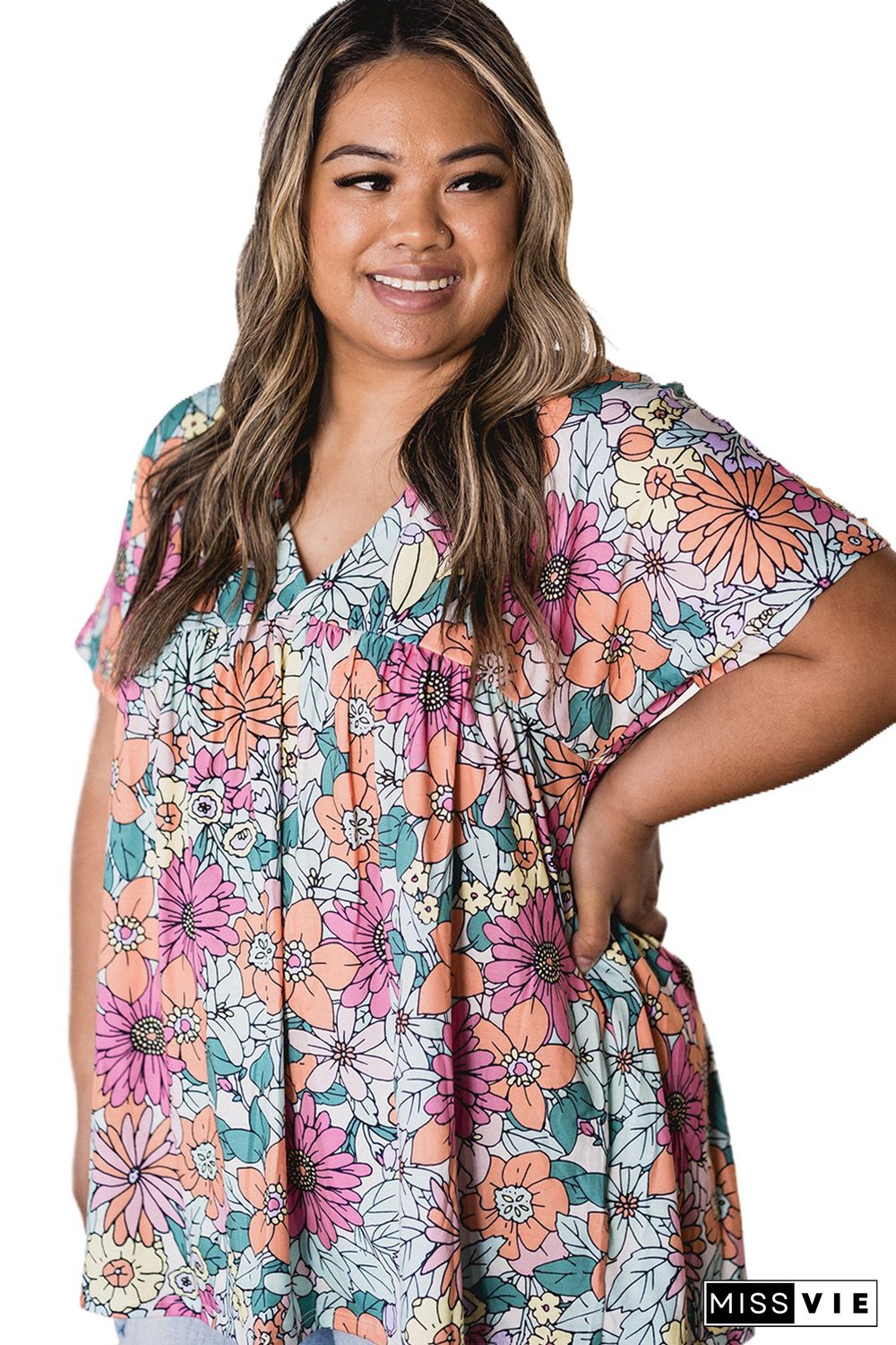 Multicolor Plus Size Summer Floral Print V Neck Blouse