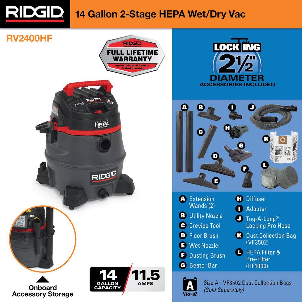 RIDGID 14 Gallon 2-Stage HEPA Commercial WetDry Shop Vacuum with Filter Dust Bag Professional Locking Hose and Accessories RV2400HF