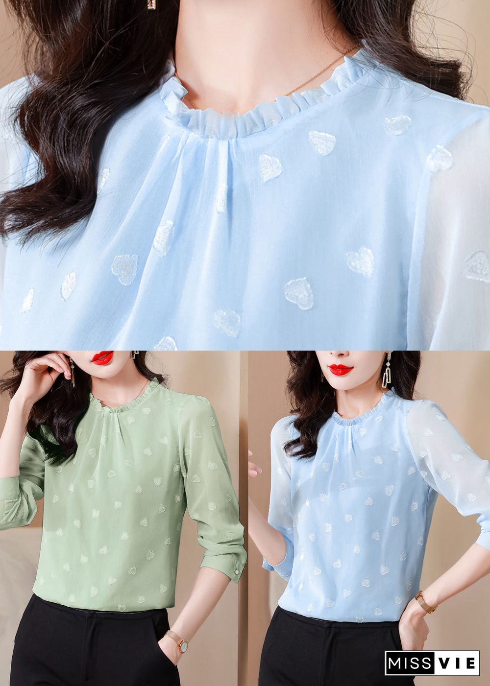 Boho Blue Ruffled Draping Chiffon Shirt Top Spring