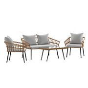 Flash Furniture Evin Boho Faux Rattan Outdoor Chairs， Loveseat， and Tempered Glass Top Coffee Table 4-piece Set