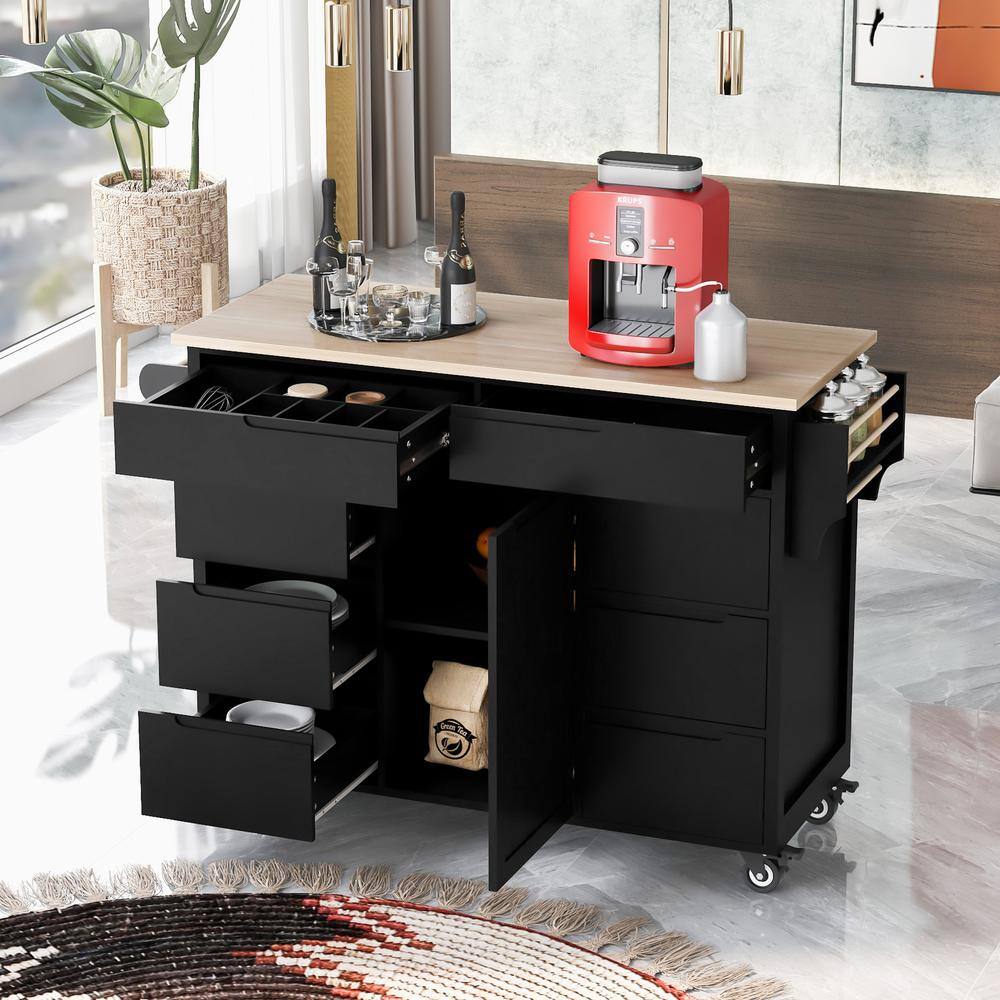 Runesay Black Rubberwood Countertop 53.1 in. W Kitchen Island Cart with 8 Handle-Free Drawers and Flatware Organizer KIBK-2282