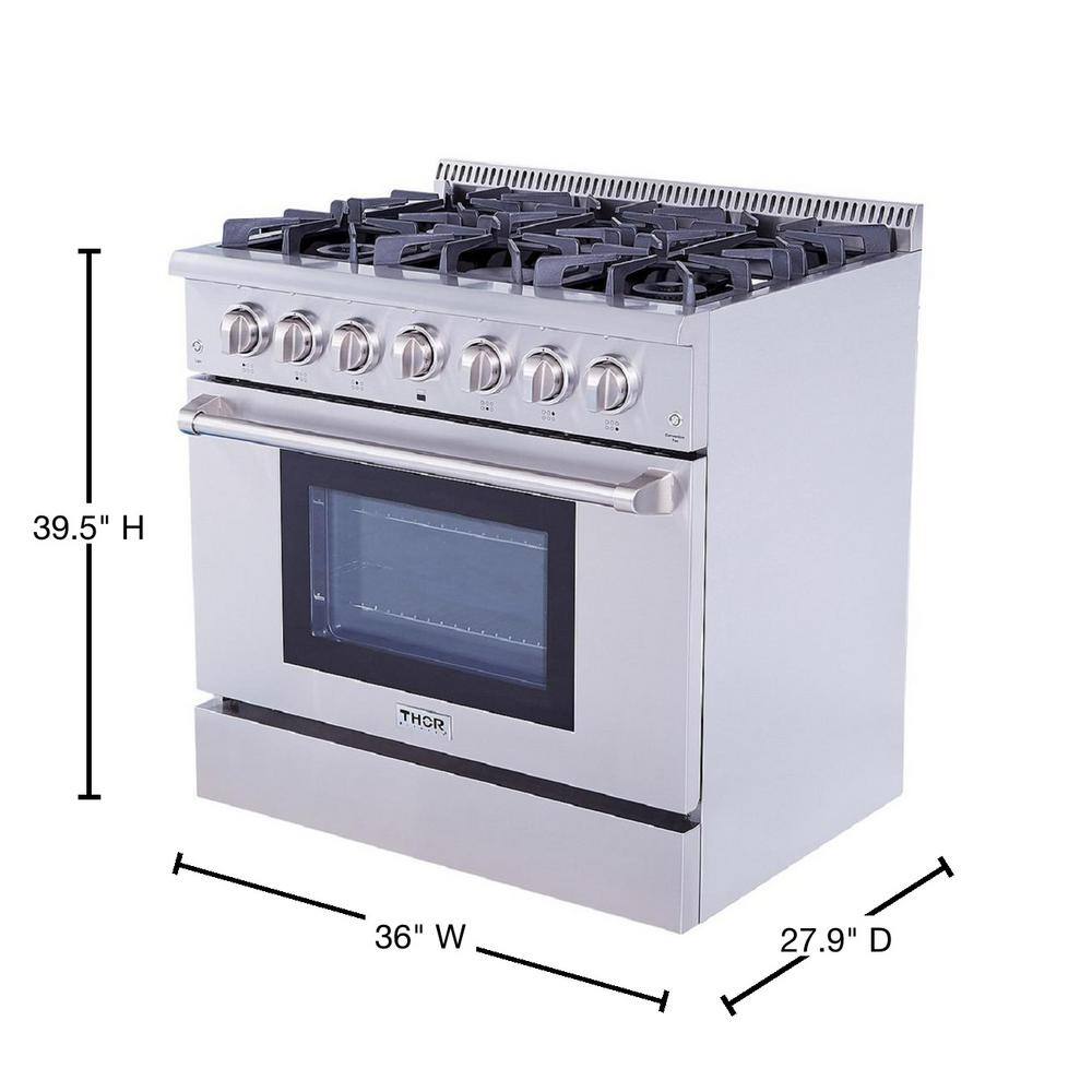 Thor Kitchen 36 in. 5.2 cu. ft. 6 Burner Slide-in Dual Fuel Range with Gas Stove and Electric Oven in Stainless Steel HRD3606U