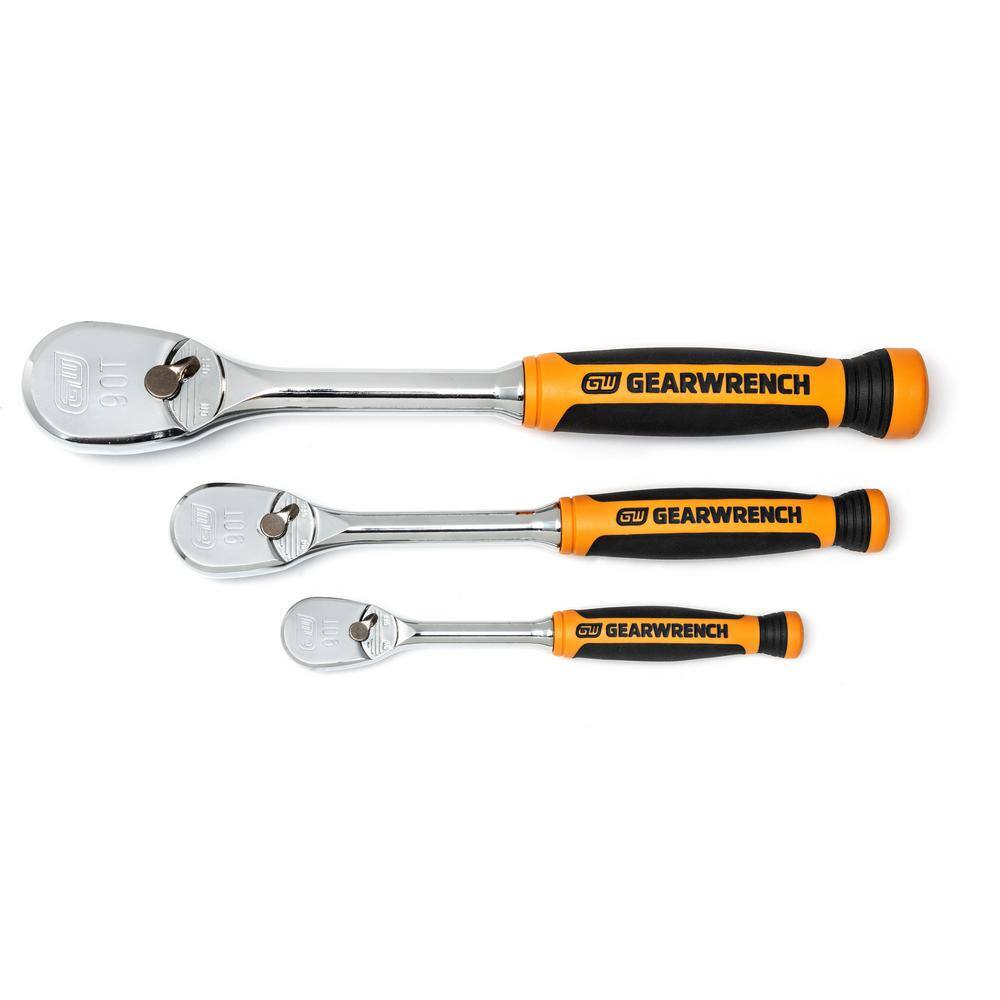 GEARWRENCH 14 in. 38 in. and 12 in. Drive 90-Tooth Dual Material Teardrop Ratchet Set (3-Piece) 81207T