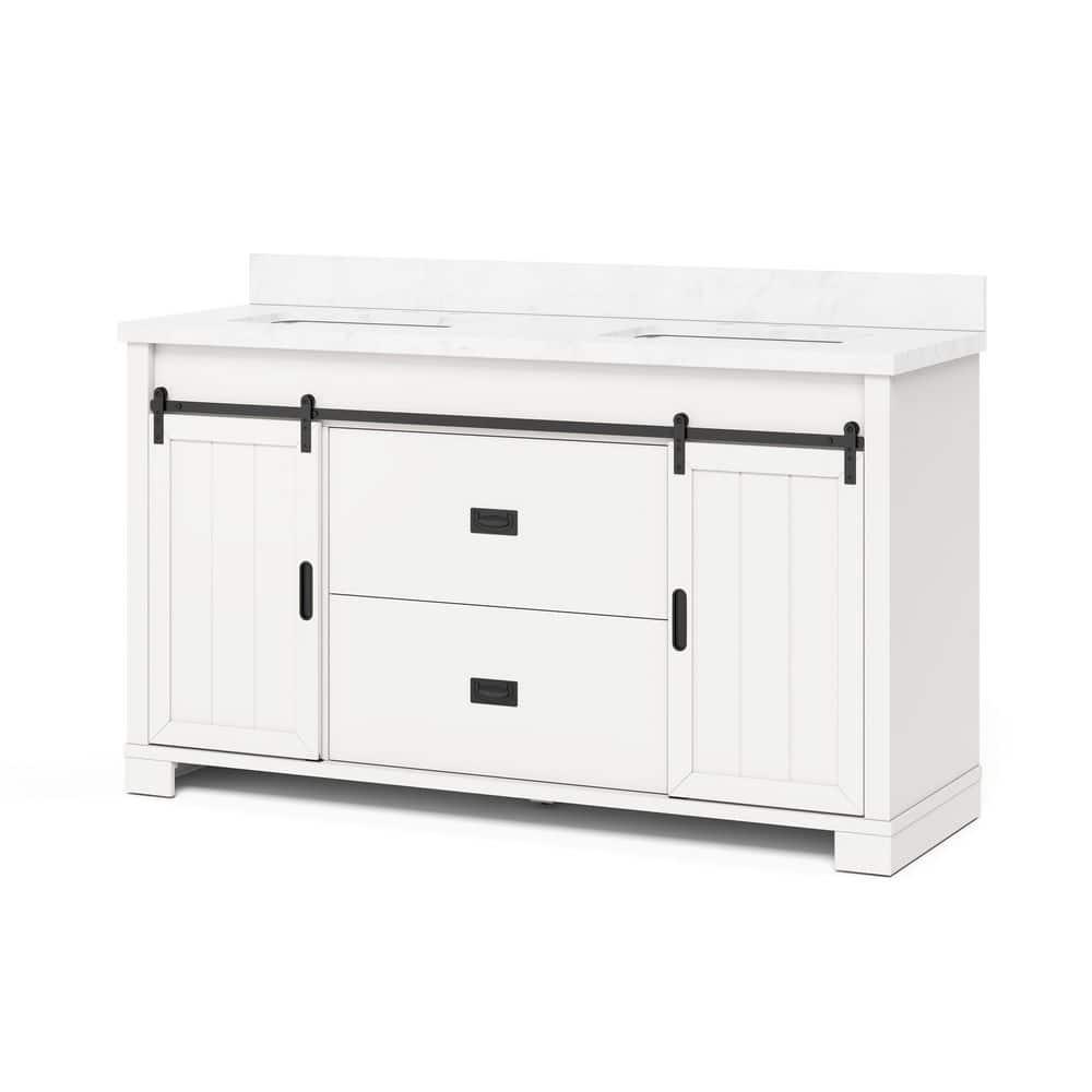 Glacier Bay Brindley 60 in W x 20 in D x 345 in H Barn Door Bath Vanity in White with Engineered Stone Top