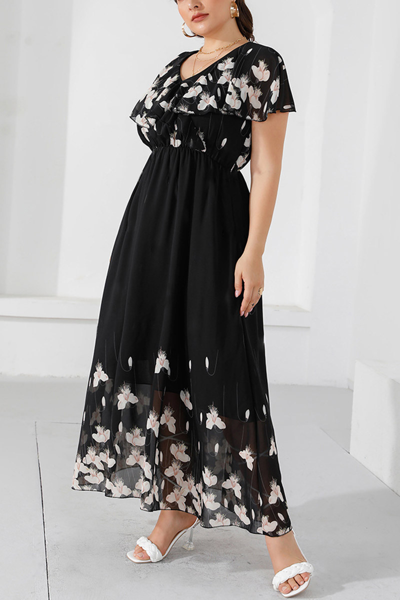 Plus Size Floral Print V Neck A Line Maxi Dresses