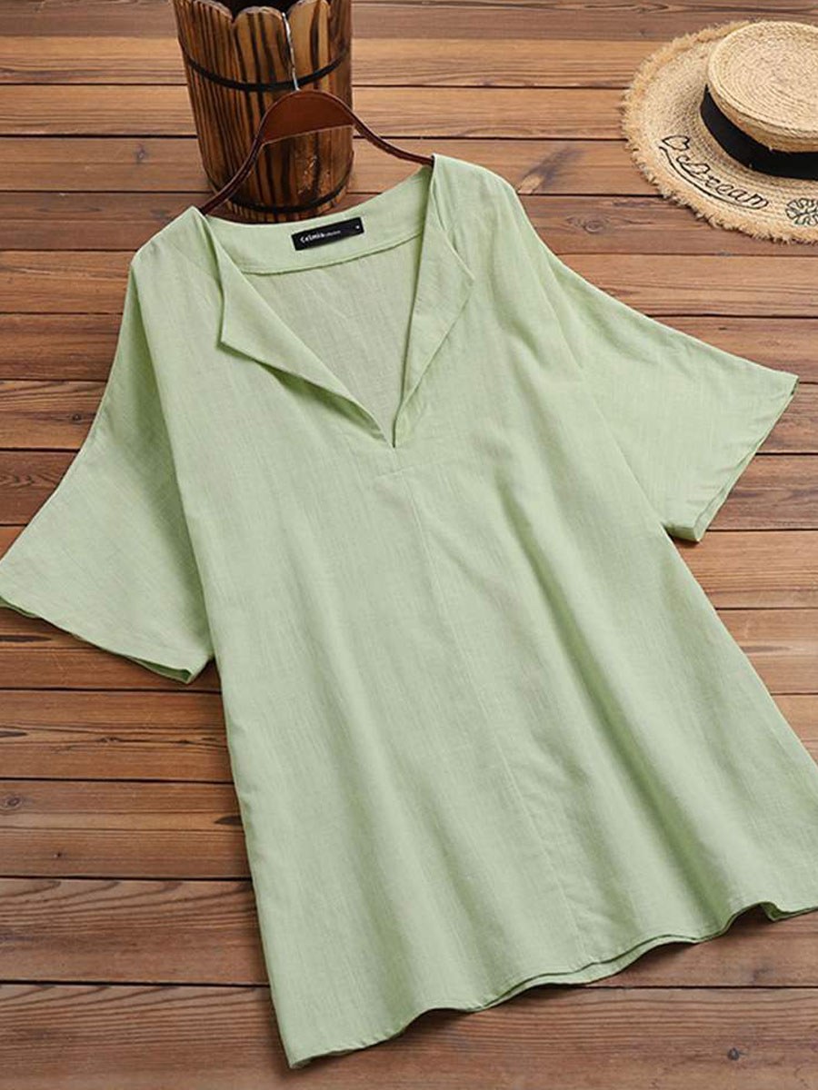 V-neck Casual Loose Solid Color Cotton And Linen Blouse