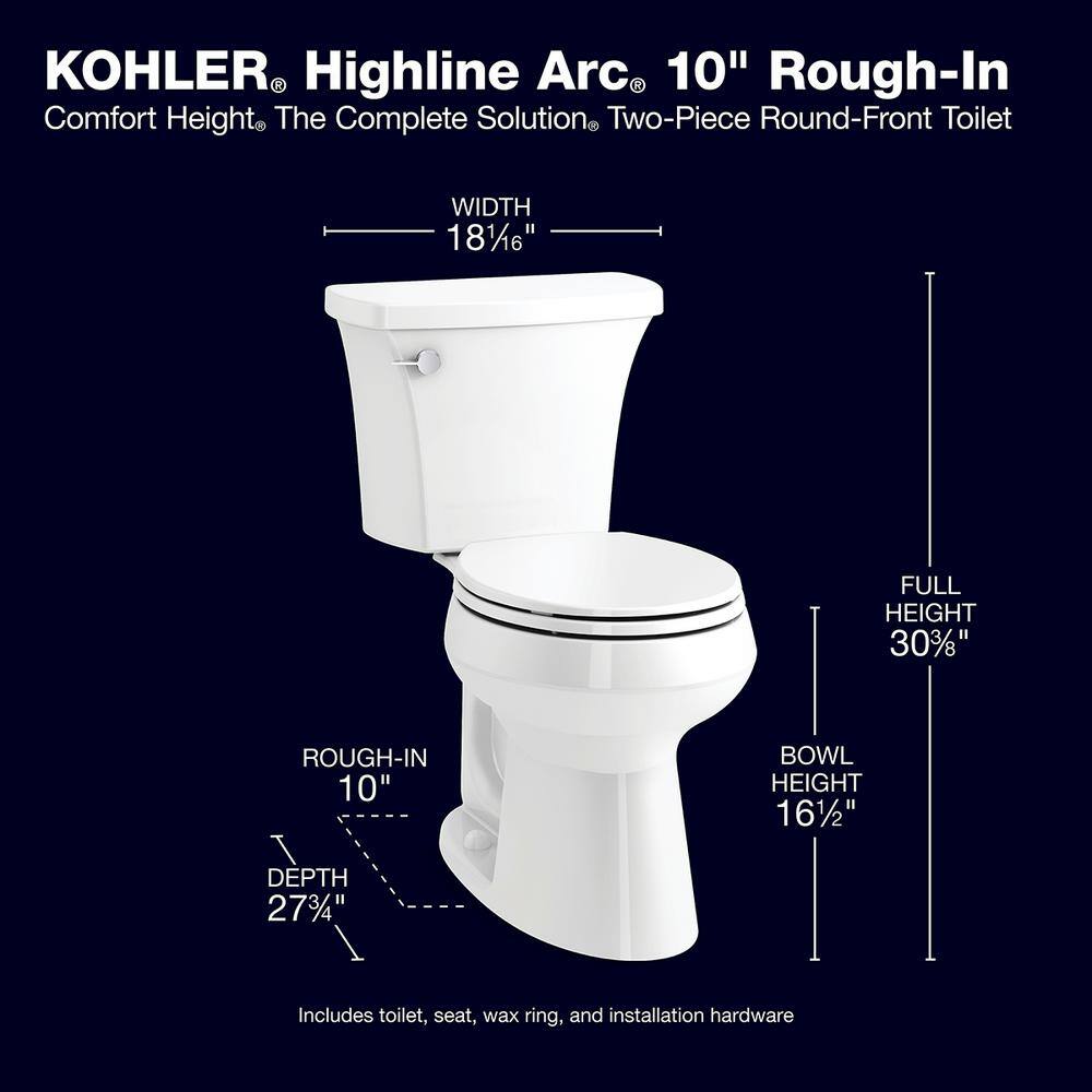 KOHLER Highline 10 in. Rough-in Complete Solution 2-piece 1.28 GPF Single Flush Round Toilet in. White (Seat Included) 78306-0