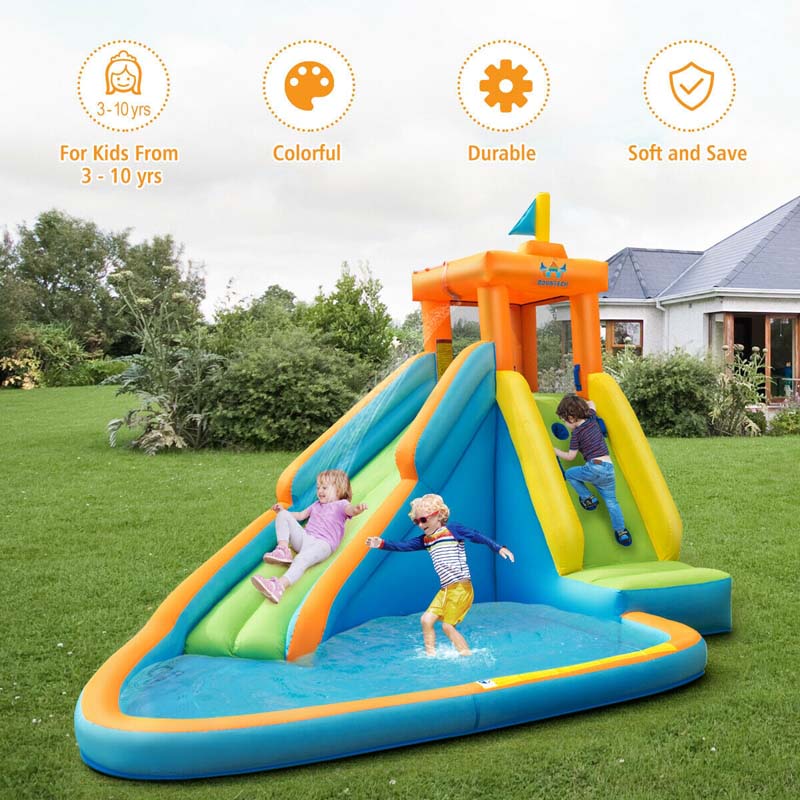 Kids Inflatable Water Park Bouncy Castle with Long Water Slide, Climbing Wall, Splash Pool, 740W Air Blower