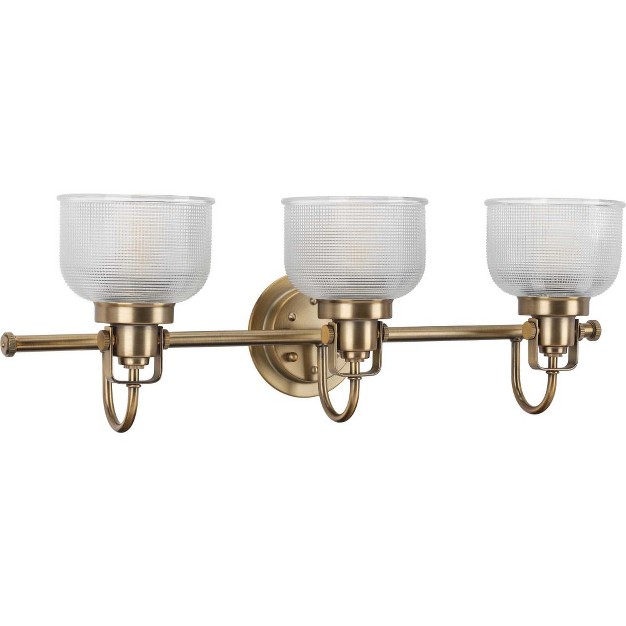 Progress Lighting Archie Collection 3 light Vanity Fixture Vintage Brass With Prismatic Glass Shade