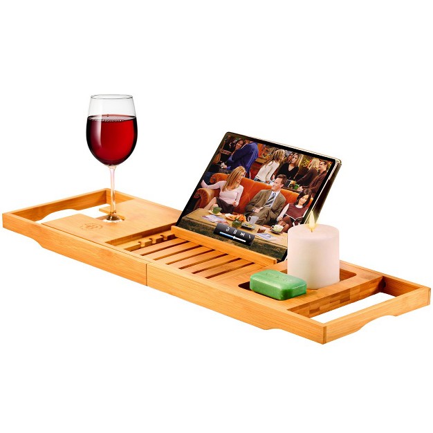 Bambusi Bamboo Bathtub Tray With Extending Sides Reading Rack Tablet Holder Cellphone Tray amp Integrated Wine Glass Holder