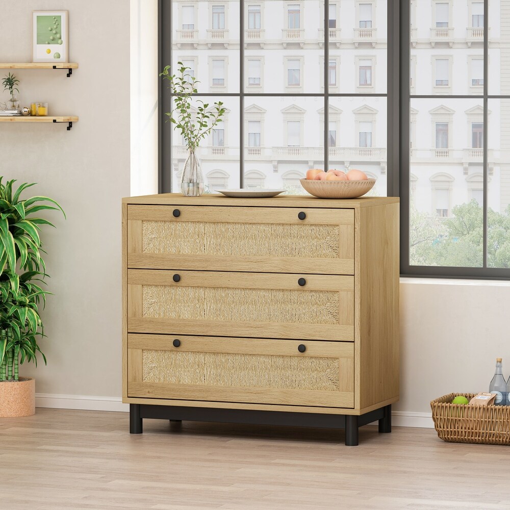 3 Drawers Storage Cabinet  Rattan Rope Woven Drawer Sideboard for Bedroom Living Room  Oak