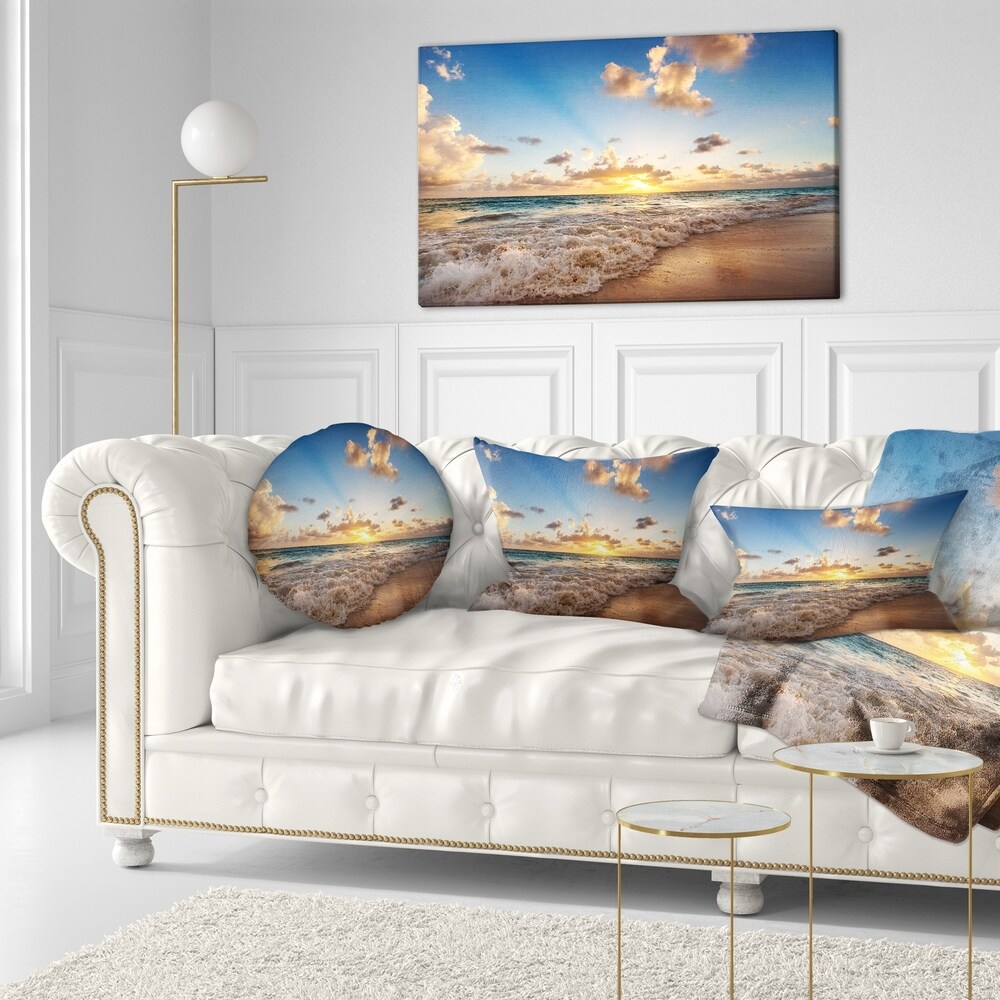 Designart 'Sunrise on Beach of Caribbean Sea' Seashore Throw Pillow