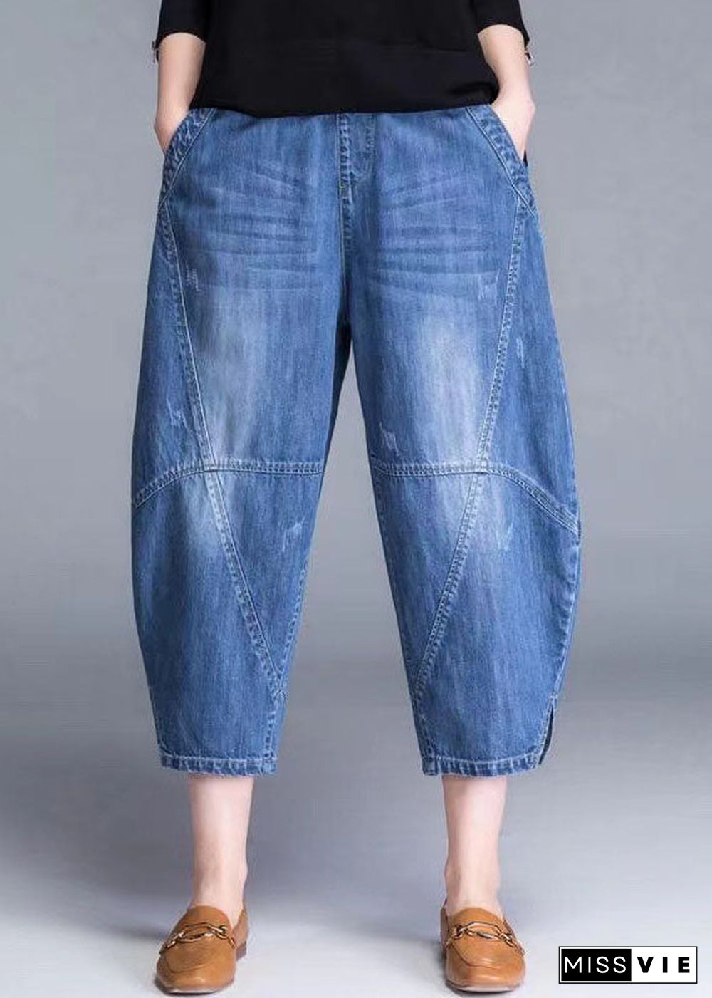 Plus Size Blue Pockets Patchwork lantern Fall Denim Pants