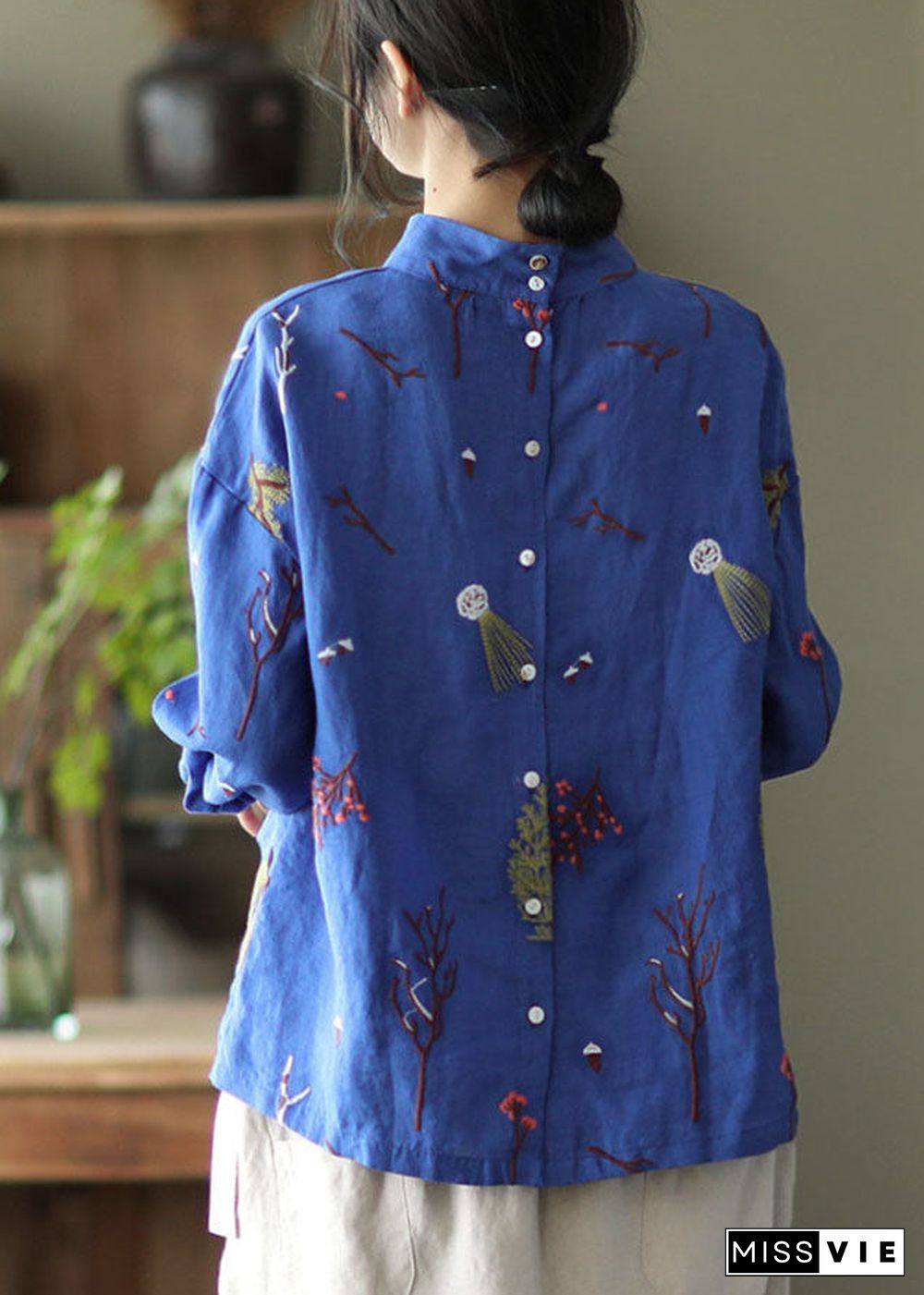 Stylish Blue Embroideried retro Linen Blouse Tops Spring