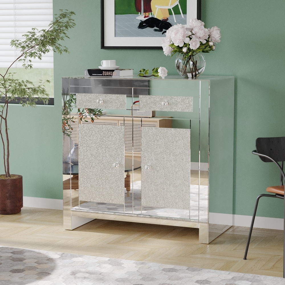 Mirrored Accent Cabinet  Silver TV Console Cabinet Modern Glass Sideboard with 2 Drawers   2 Cabinets