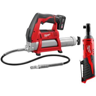 MW M12 12-Volt Lithium-Ion Cordless Grease Gun Kit with One 3.0 Ah Battery Charger and Tool Bag with M12 38 in. Ratchet 2446-21XC-2457-20