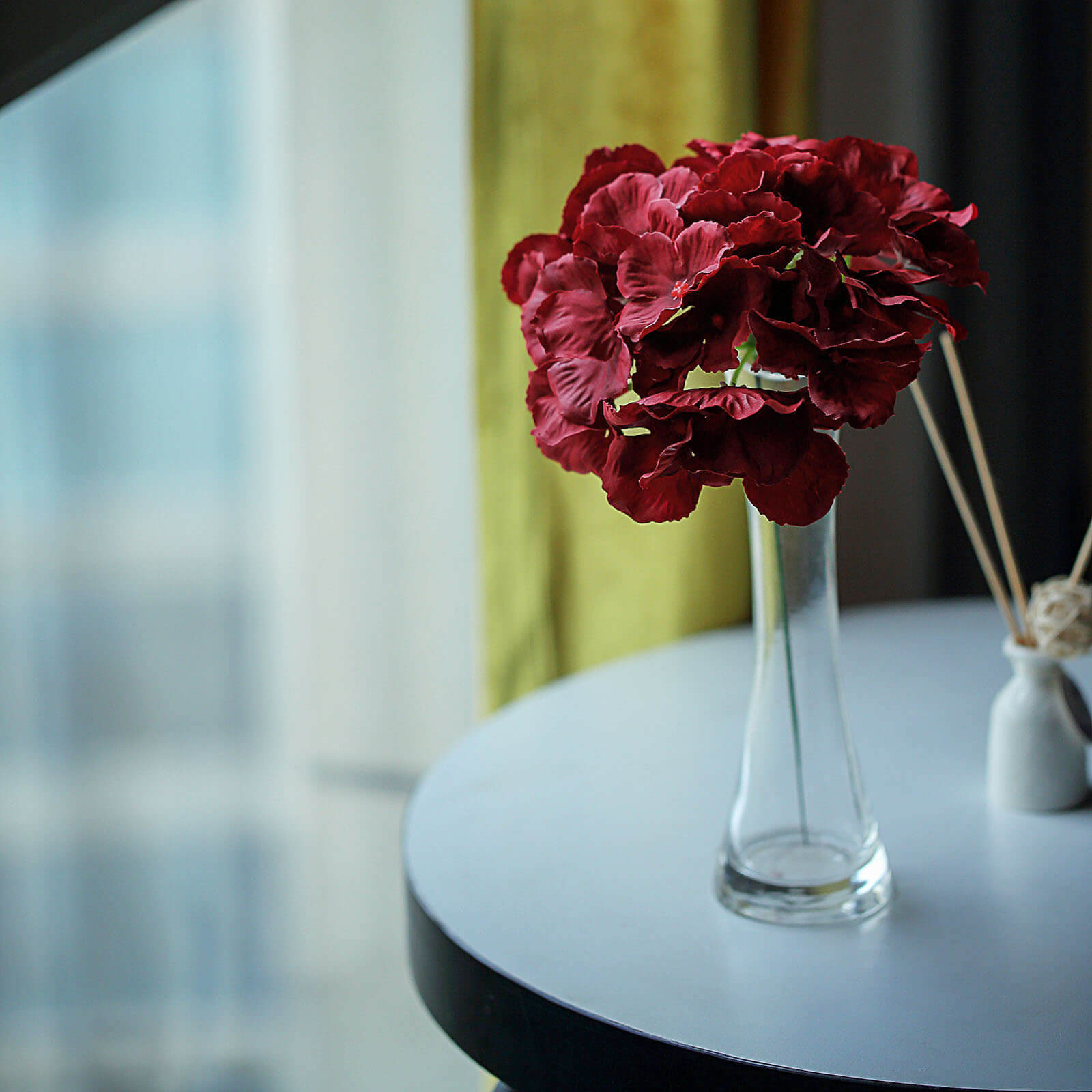 10 Flower Head and Stems Burgundy Artificial Satin Hydrangeas, DIY Arrangement