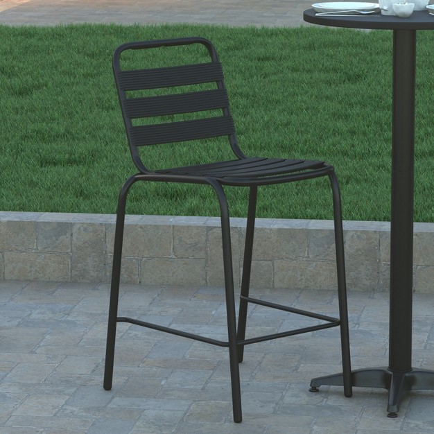 Emma And Oliver Metal Dining Stool With Triple Slatted Back For Indoor And Outdoor Use