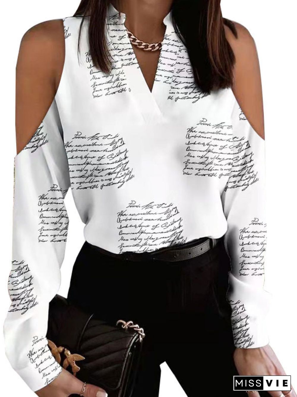 Casual Long Sleeves Loose Letter Print Hollow V-Neck Blouses&Shirts Tops