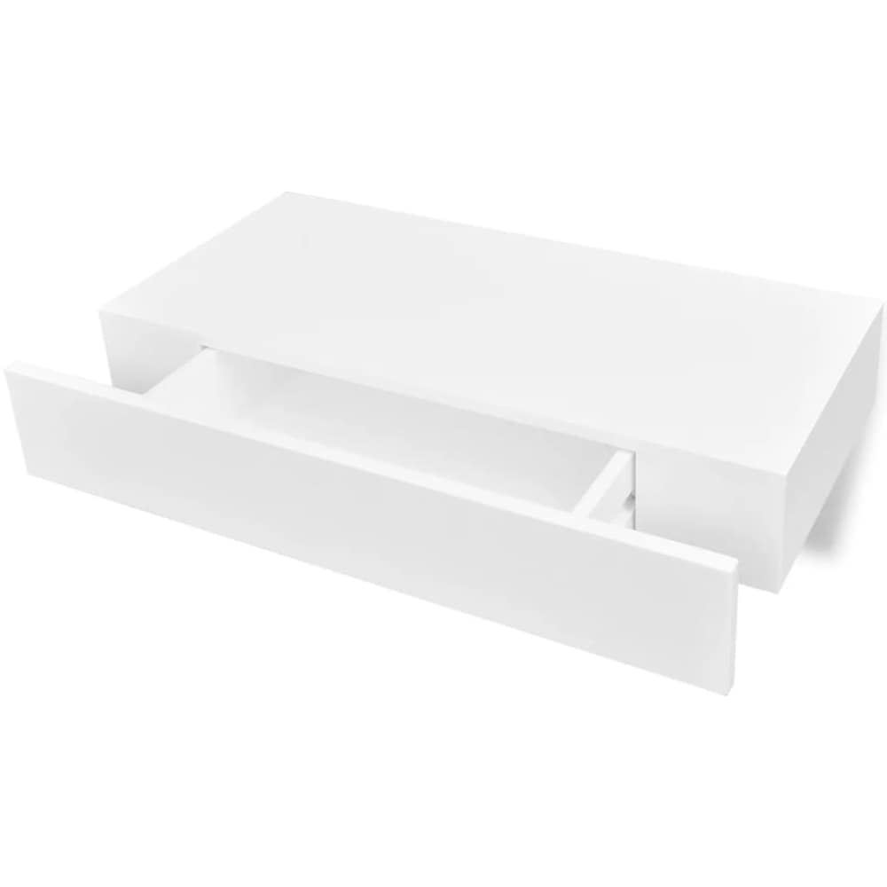 vidaXL White MDF Floating Wall Display Shelf 1 Drawer Book/DVD Storage   18.9\