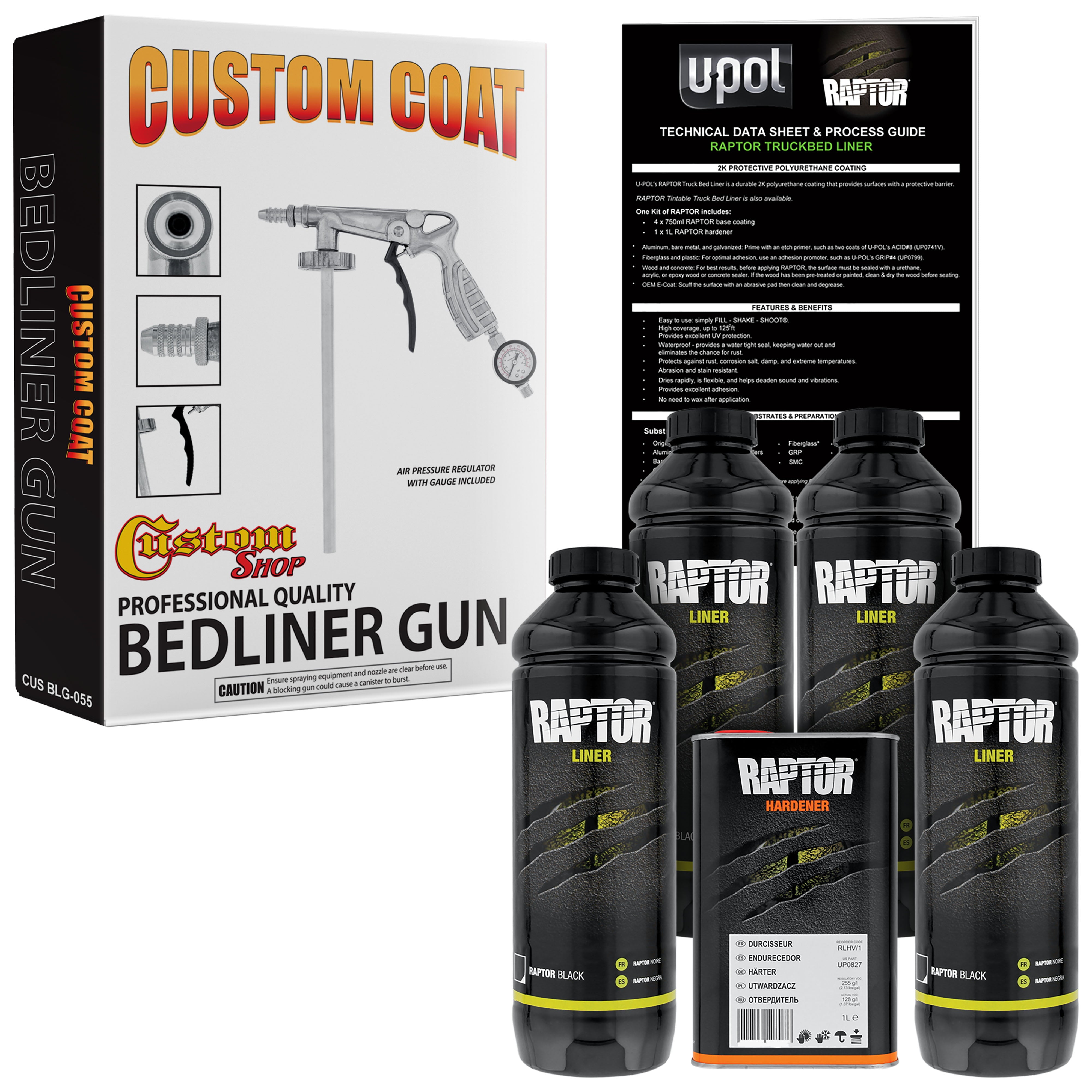 U-Pol Raptor Black Urethane Spray-On Truck Bed Liner 4 Quart Kit and Custom Coat Spray Gun with Regulator