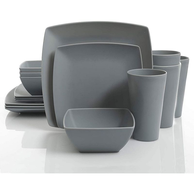 Gibson Home 16 Piece Square Melamine Dinnerware Set Plates， Bowls， and Cups， Grey