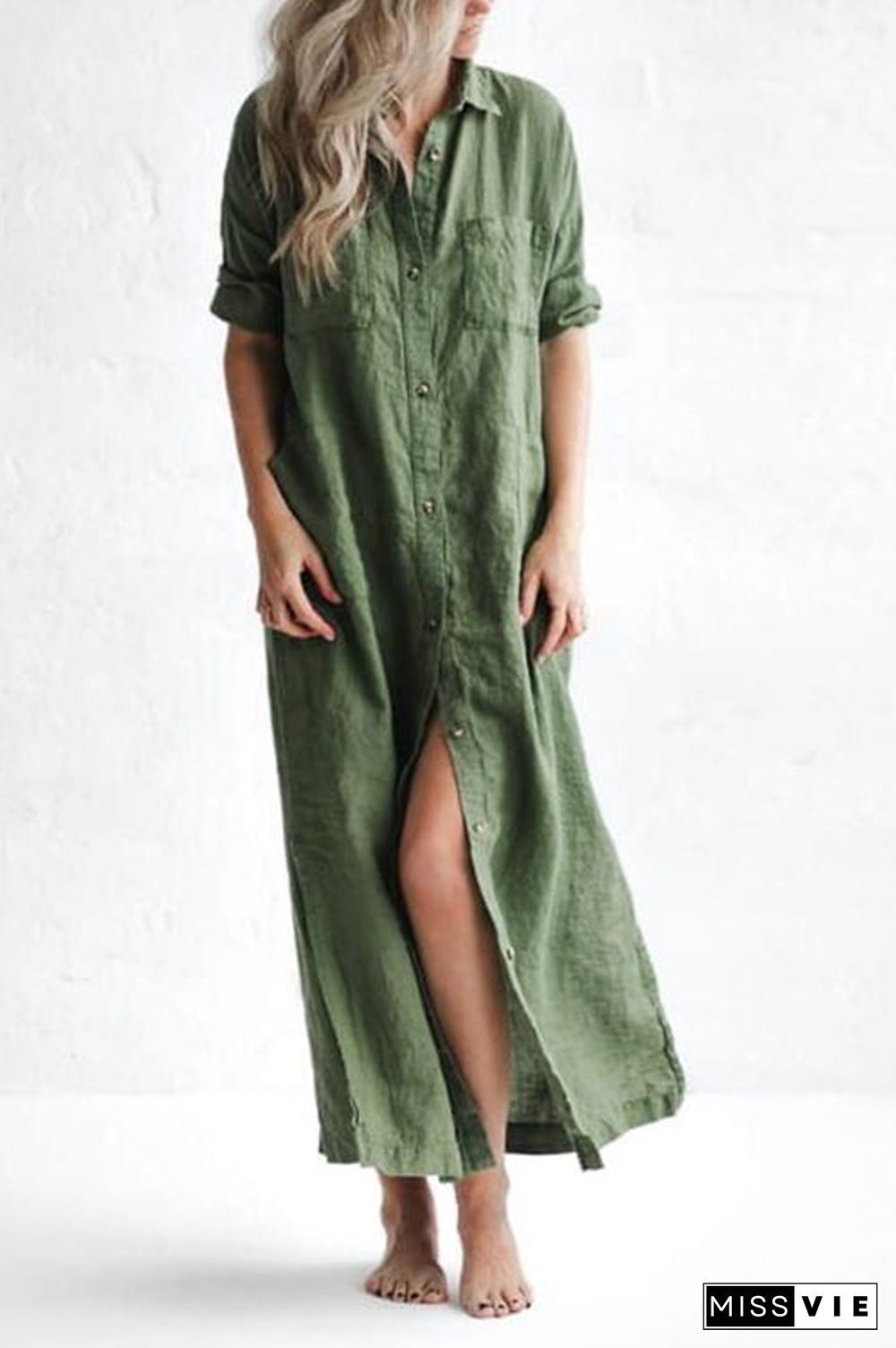 Linen Button Pockets Shirt Maxi Dress