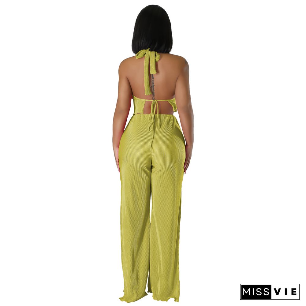 Halter Backless Crop Tops Wide Leg Pants Set