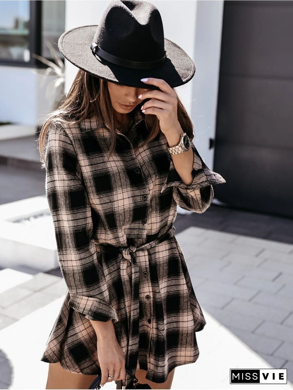 Autumn and Winter Fashion Sexy Printed Shirt Plaid Dress Skirt