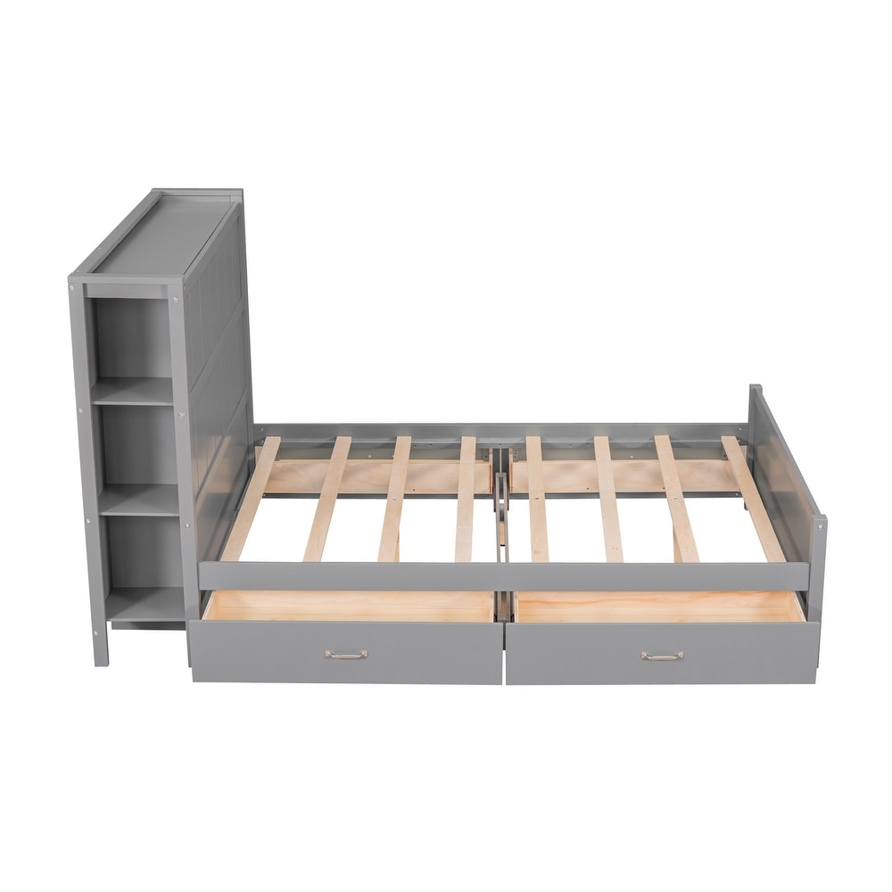 Full Size Platform Bed with Drawers and Storage Shelves  Gray