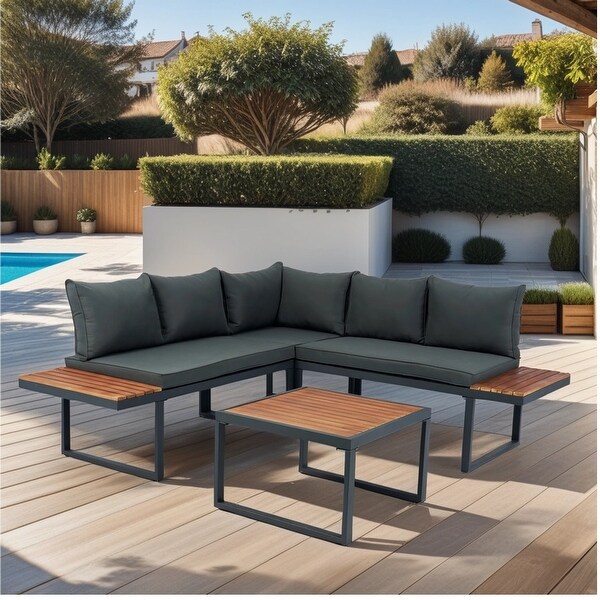 4 Piece LShaped Patio Wicker Outdoor 5Seater Sectional Sofa Seating Conversation Sets with Side Table and Dark Grey Cushions