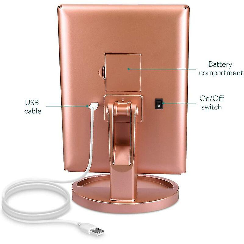 3-sided Led Lighted Standing Mirror - Folding Triptych Makeup Mirror On Stand With 2 X 3 Magnifying Effect - Battery Or Usb - Rose Gold