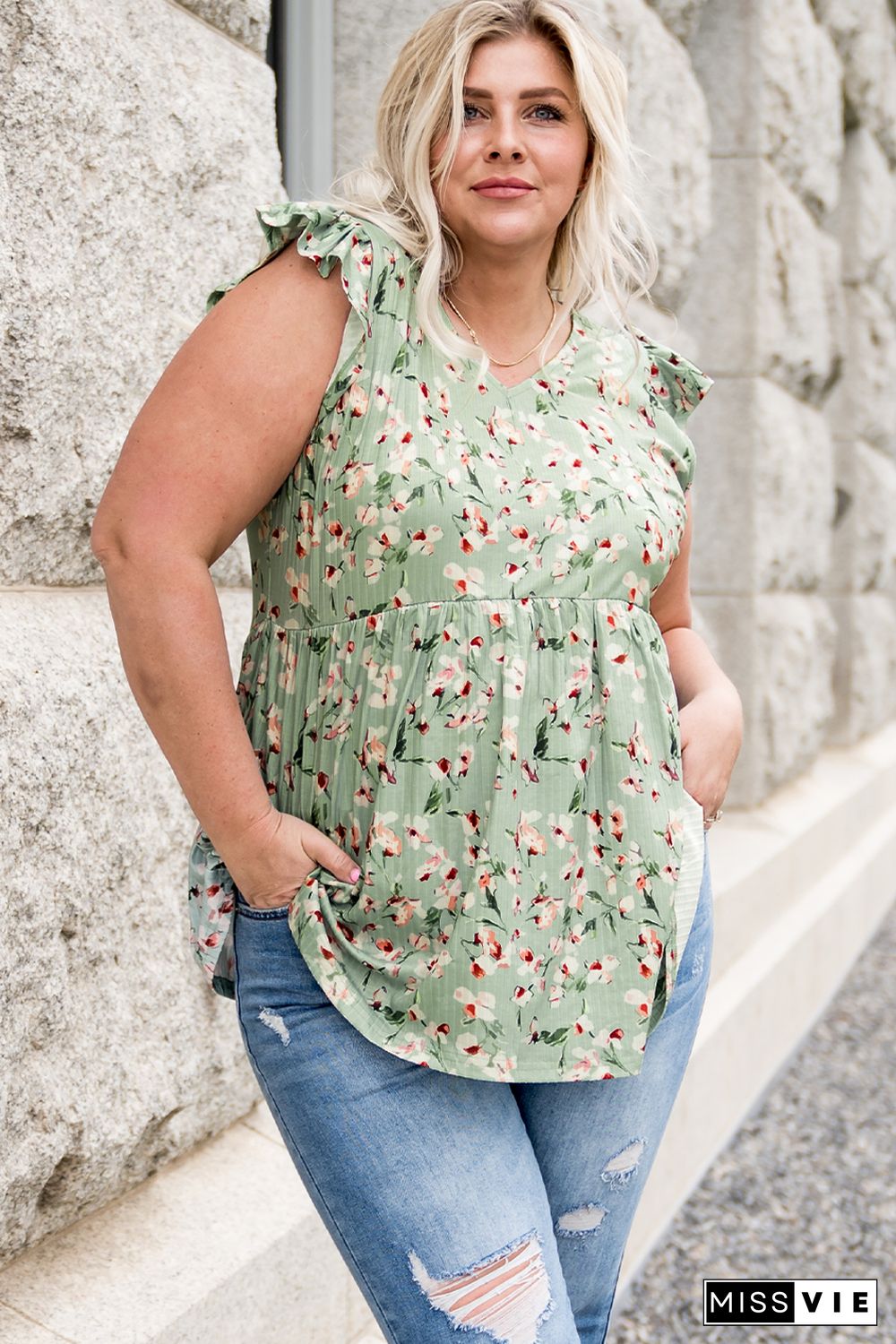 Green Floral Flutter Shoulder Plus Size Tank Top