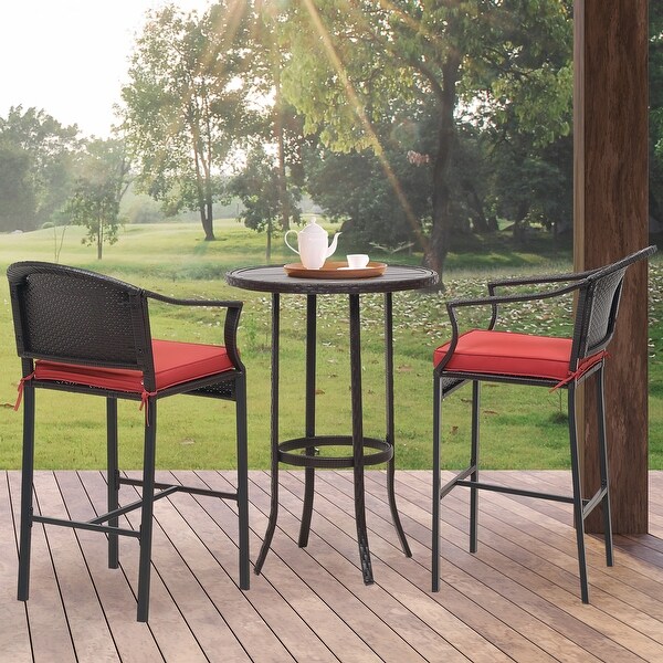 3-Piece Outdoor Wicker Patio Bar Stools with Table Set - Overstock - 35738808