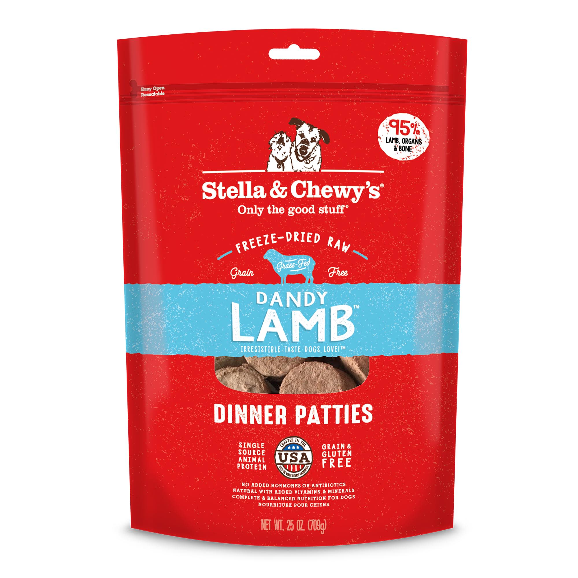 Stella  Chewys Freeze Dried Raw Dinner Patties High Protein Dandy Lamb Recipe Dry Dog Food， 25 oz.