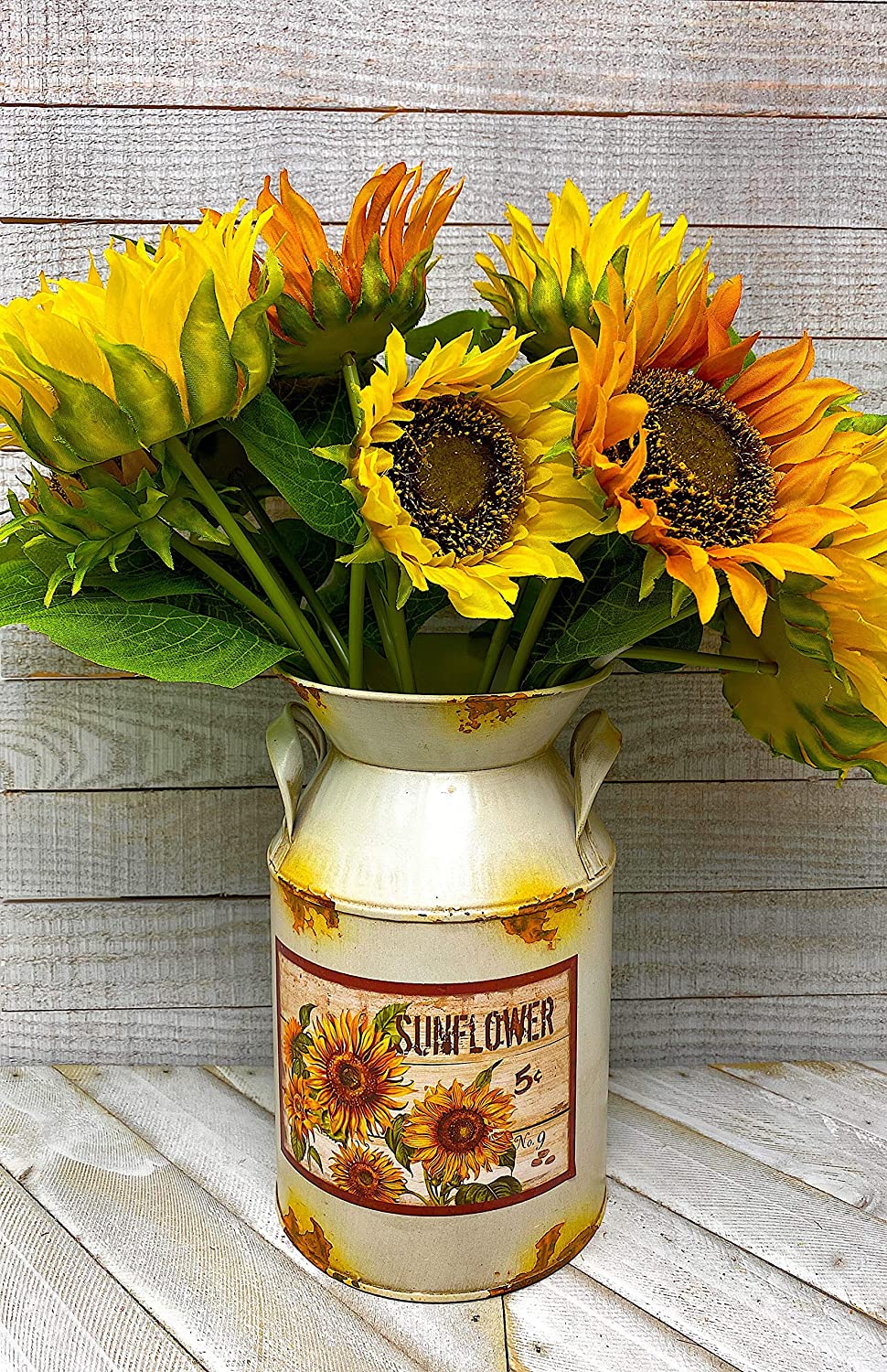 Decorative Milk Can Sunflower Designed Rustic Metal Vase Kitchen Farmhouse Decor Shelf  Counter 8.25 x 5