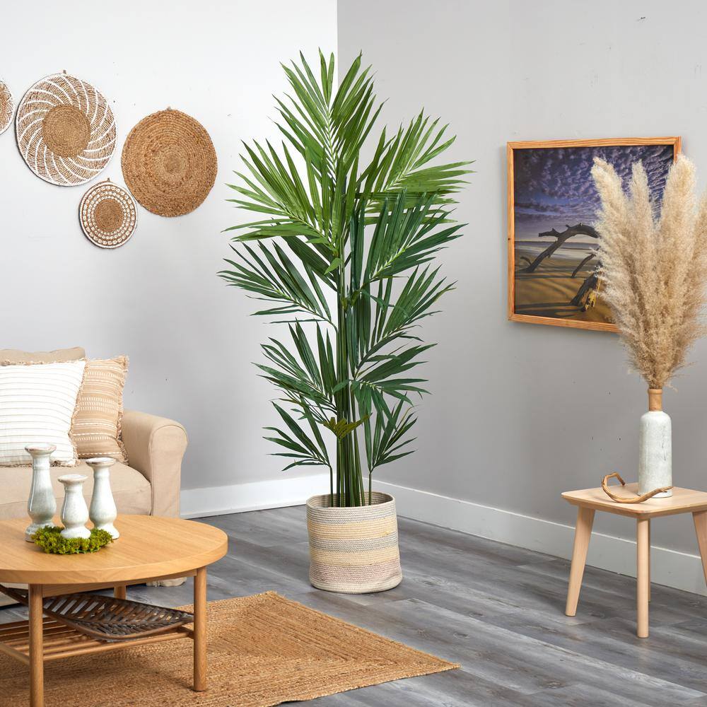 Nearly Natural 7 ft. Green Kentia Artificial Palm in Handmade Natural Cotton Multicolored Woven Planter T2894