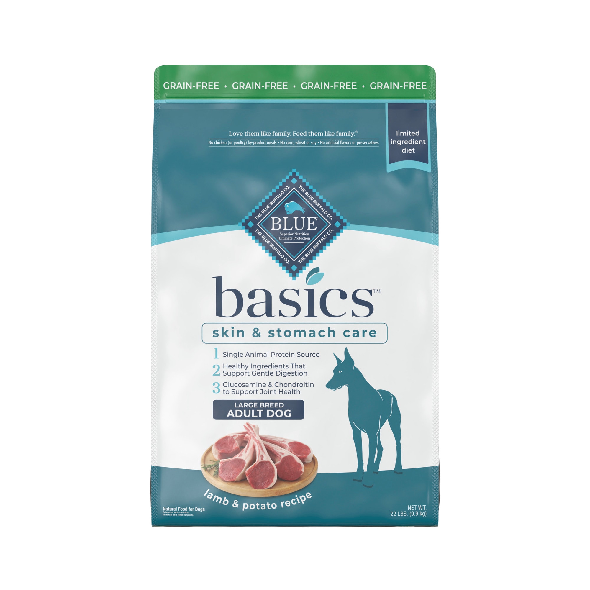 Blue Buffalo Blue Basics Skin  Stomach Care Natural Adult Grain Free Lamb  Potato Large Breed Dry Dog Food， 22 lbs.