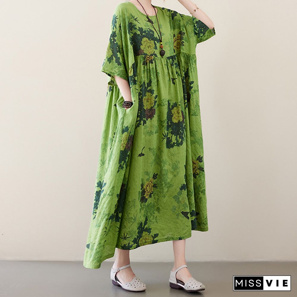 Vintage Floral Print Pocket Loose Linen Dress