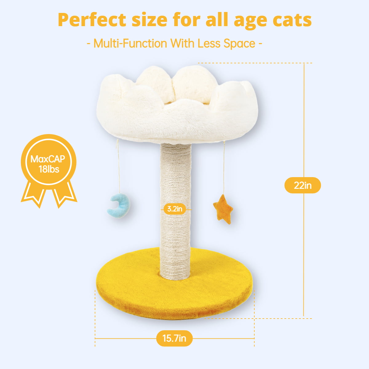 Happi N Pets Cloud Cat Scratching Post with Bed， 2 -Level Cat Tree， Nature Sisal Cat Scratcher with Soft Perch for Kitten and Adult Cats， Small Cat Tower with Toys， Stable Cat Furniture