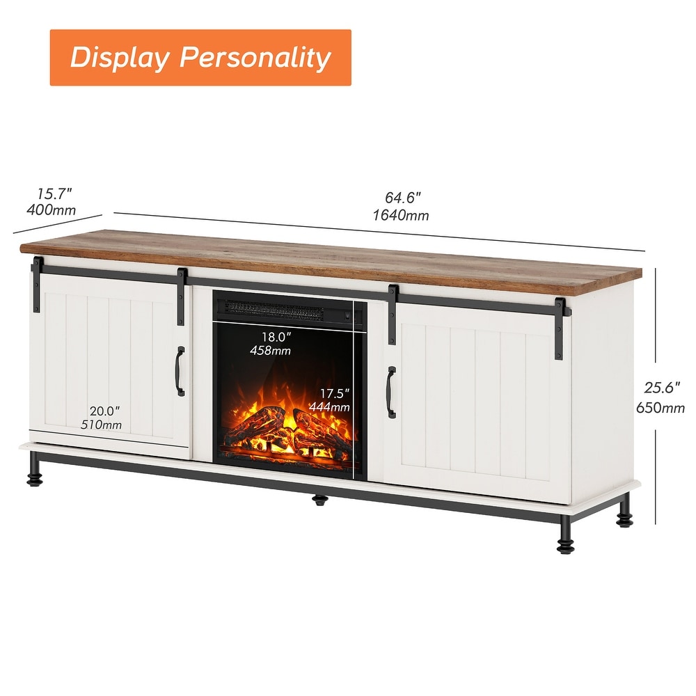 Fireplace TV Stand for Up to 75 Inch TV  Farmhose Entertainment Center with 18'' Electric Fireplace Sliding Barn Door