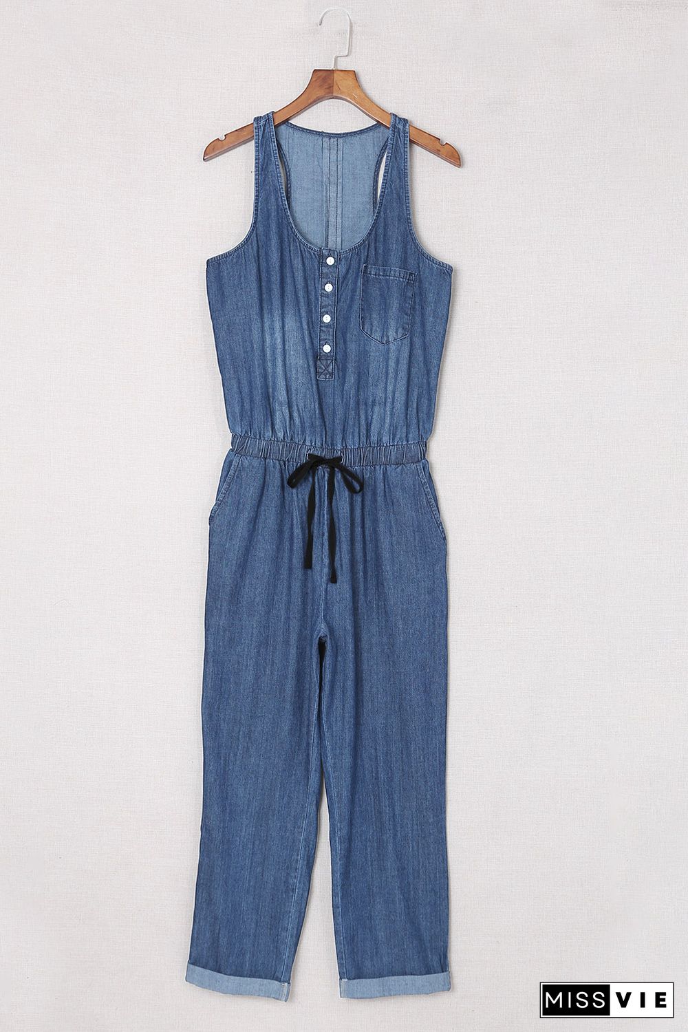 Blue High Waist Buttons Sleeveless Denim Romper