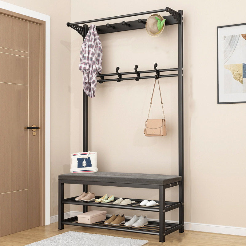 3-in-1 Coat Rack with Bench Entryway Shoe Rack Hall Tree Clothes Storage Rack Freestanding Coat Rack for Living Room Bedroom Entryway， Black