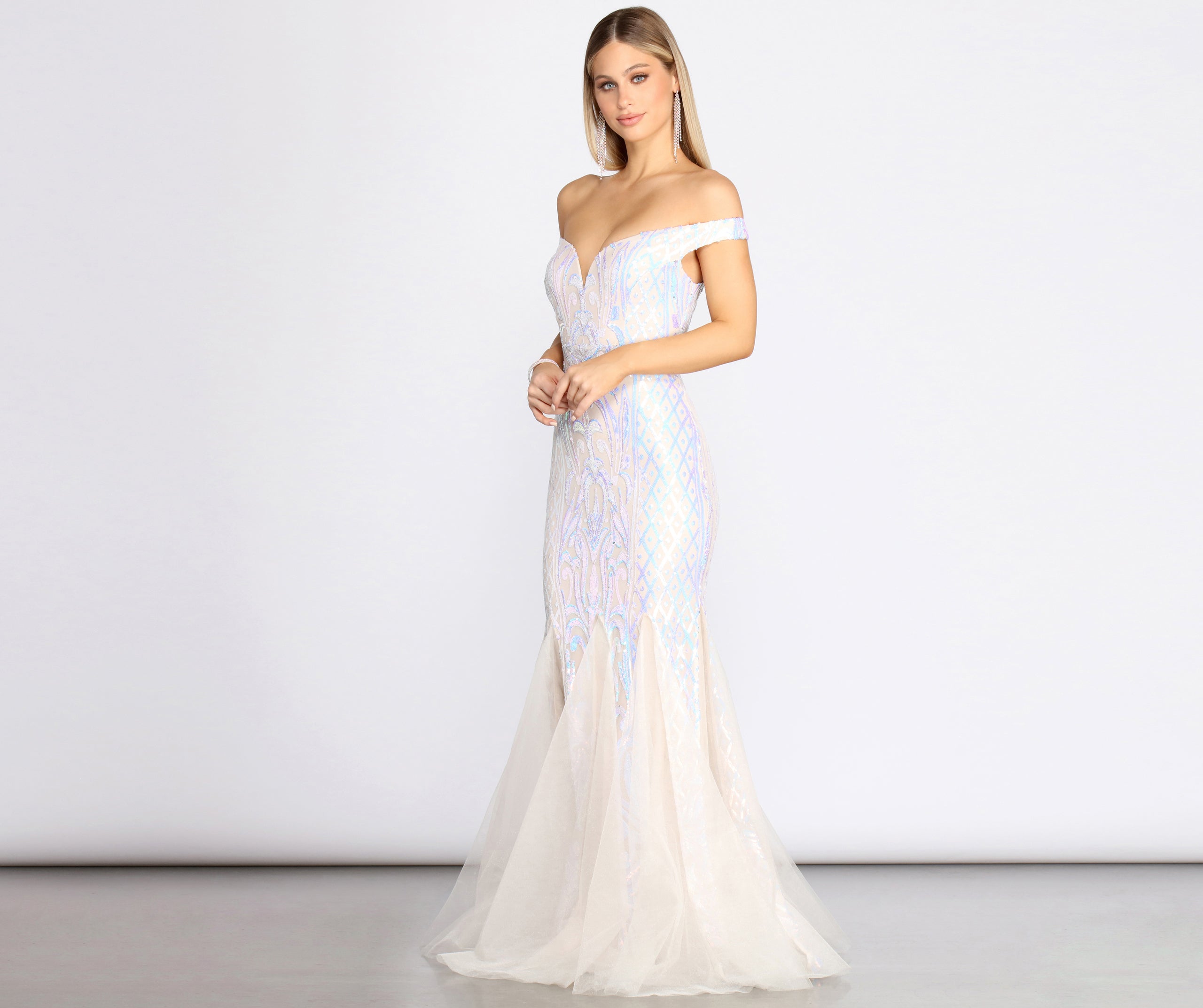 Andrina Iridescent Sequin & Tulle Off Shoulder Mermaid Dress