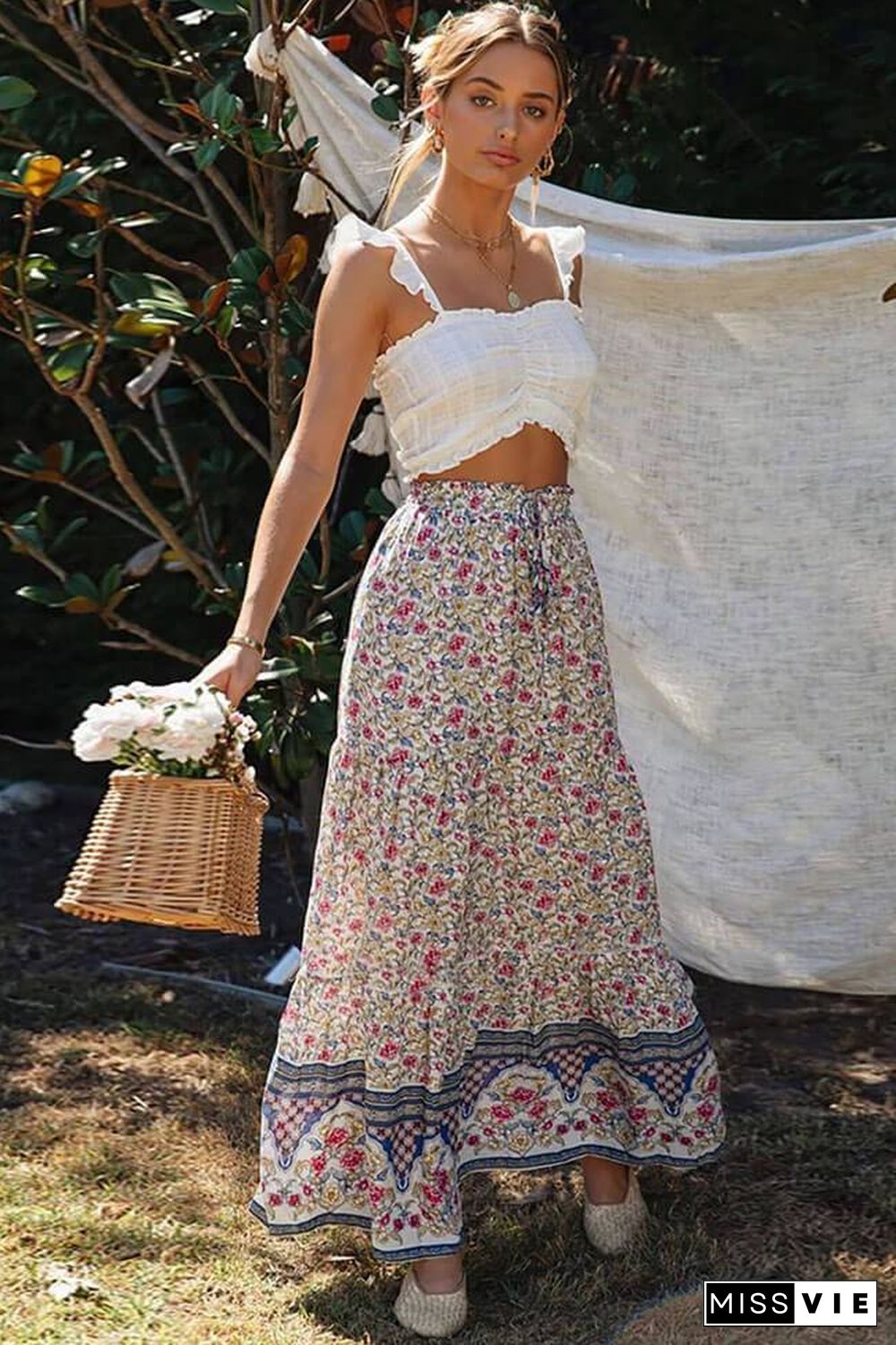 Boho Ditsy Floral High Waist Beach Maxi Skirt